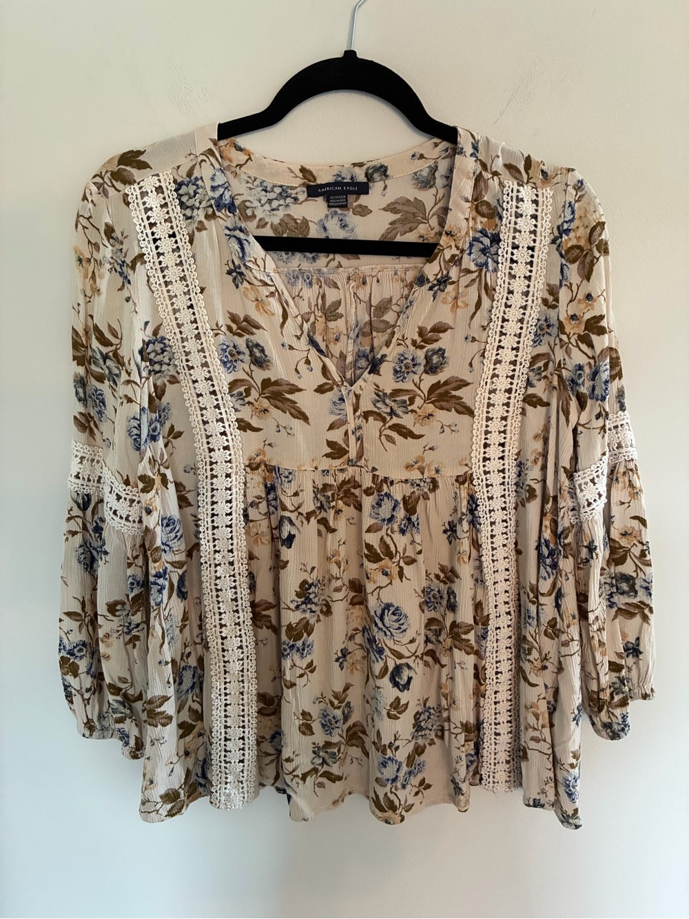 American Eagle Outfitters Cream Peasant Blouse with Blue and Brown Floral Print